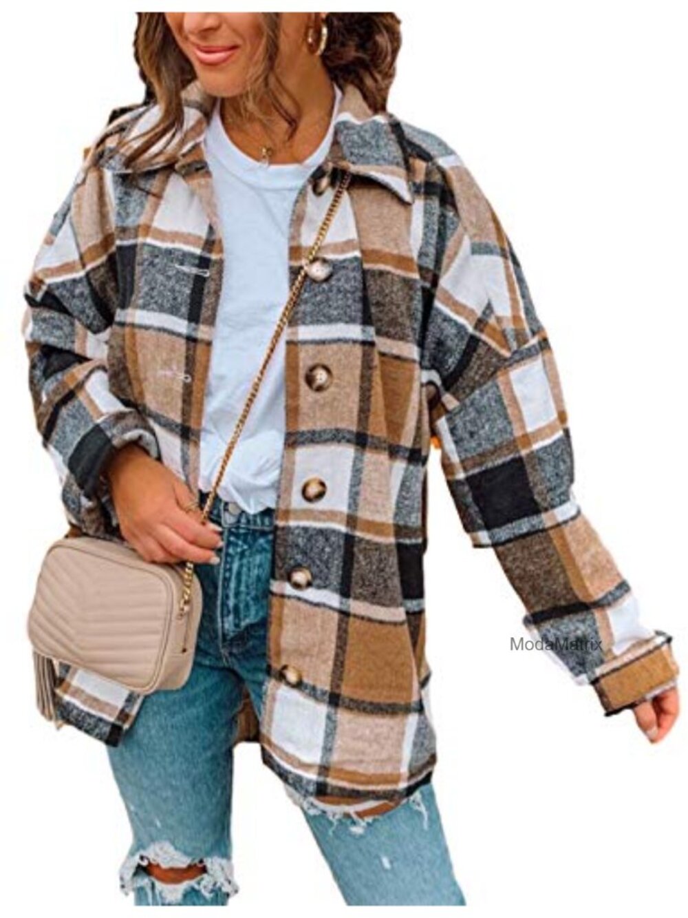 Oversized Plaid Flannel Shacket Button Down Shirt Jacket
